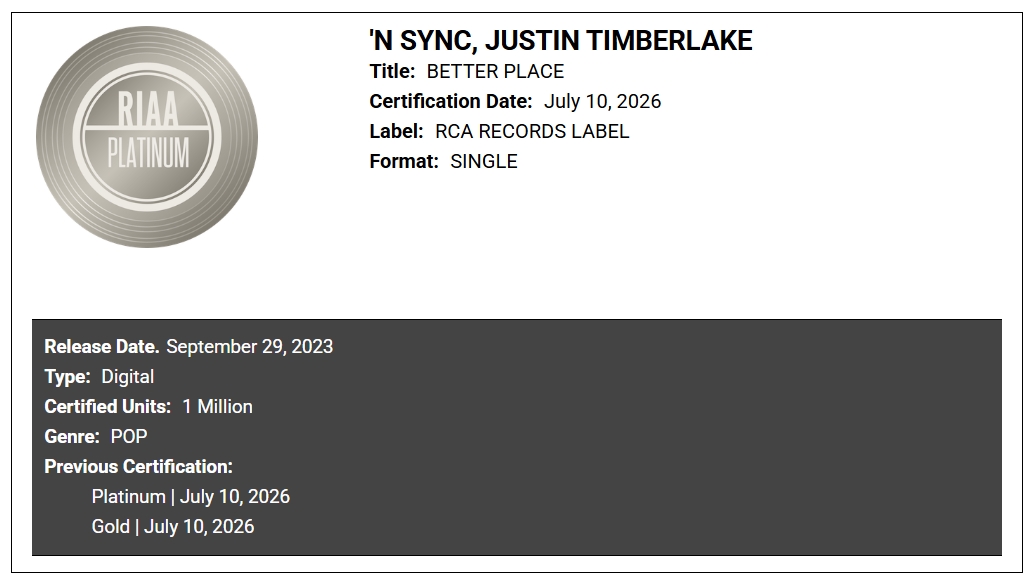 *NSYNC & Justin Timberlake Earn RIAA Platinum Certification for "Better Place"